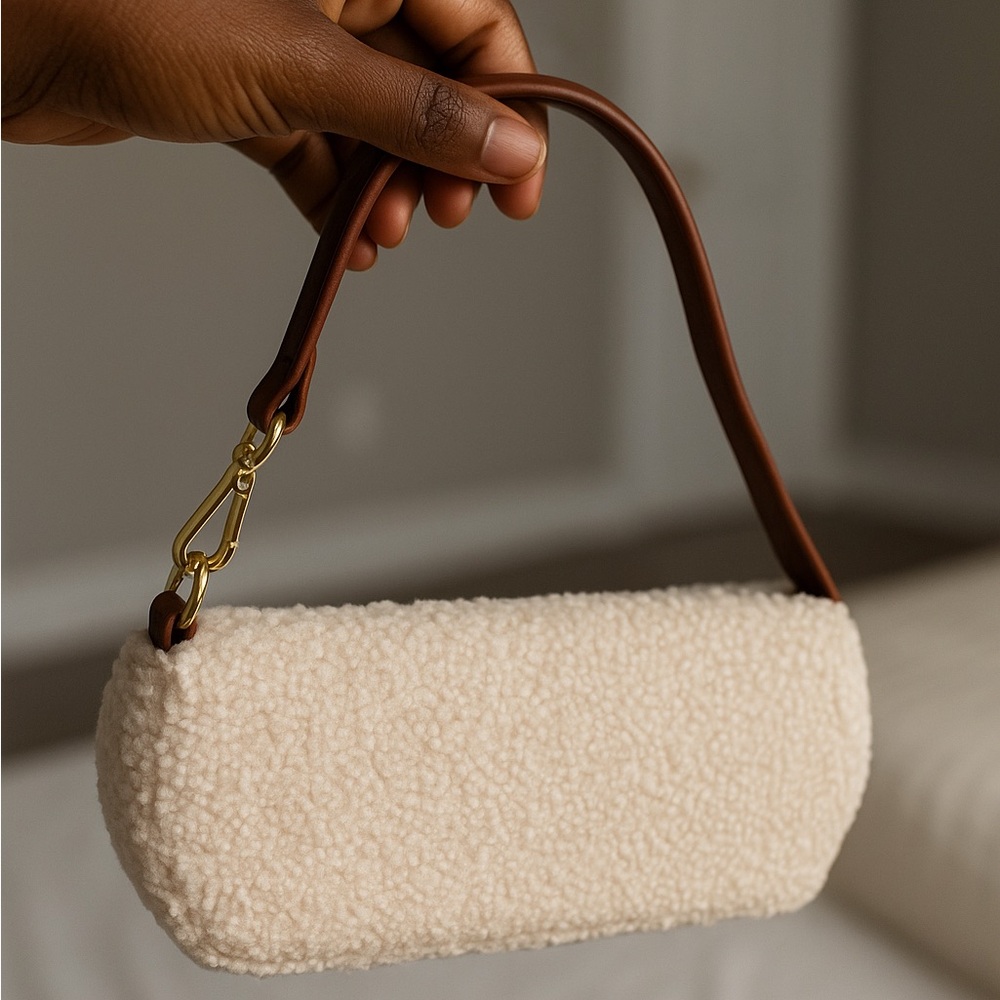 Fashion Nova Cream Textured Shoulder Bag with Brown Strap